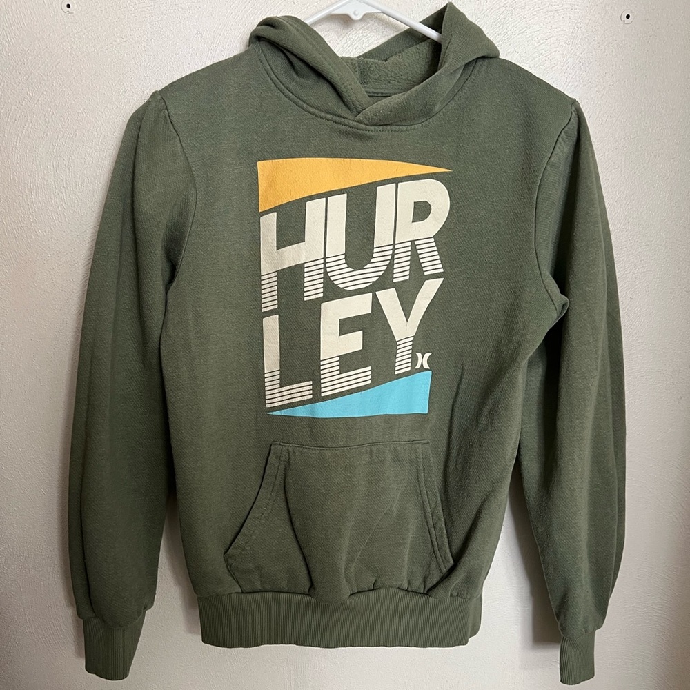 HURLEY Classic Casual Athleisure Graphic Fleece Hoodie Green Yellow Blue Boy's L